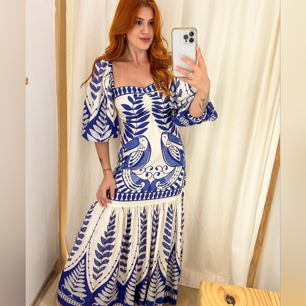 FARM Rio – Elegant Blue & White Tropical Maxi Dress